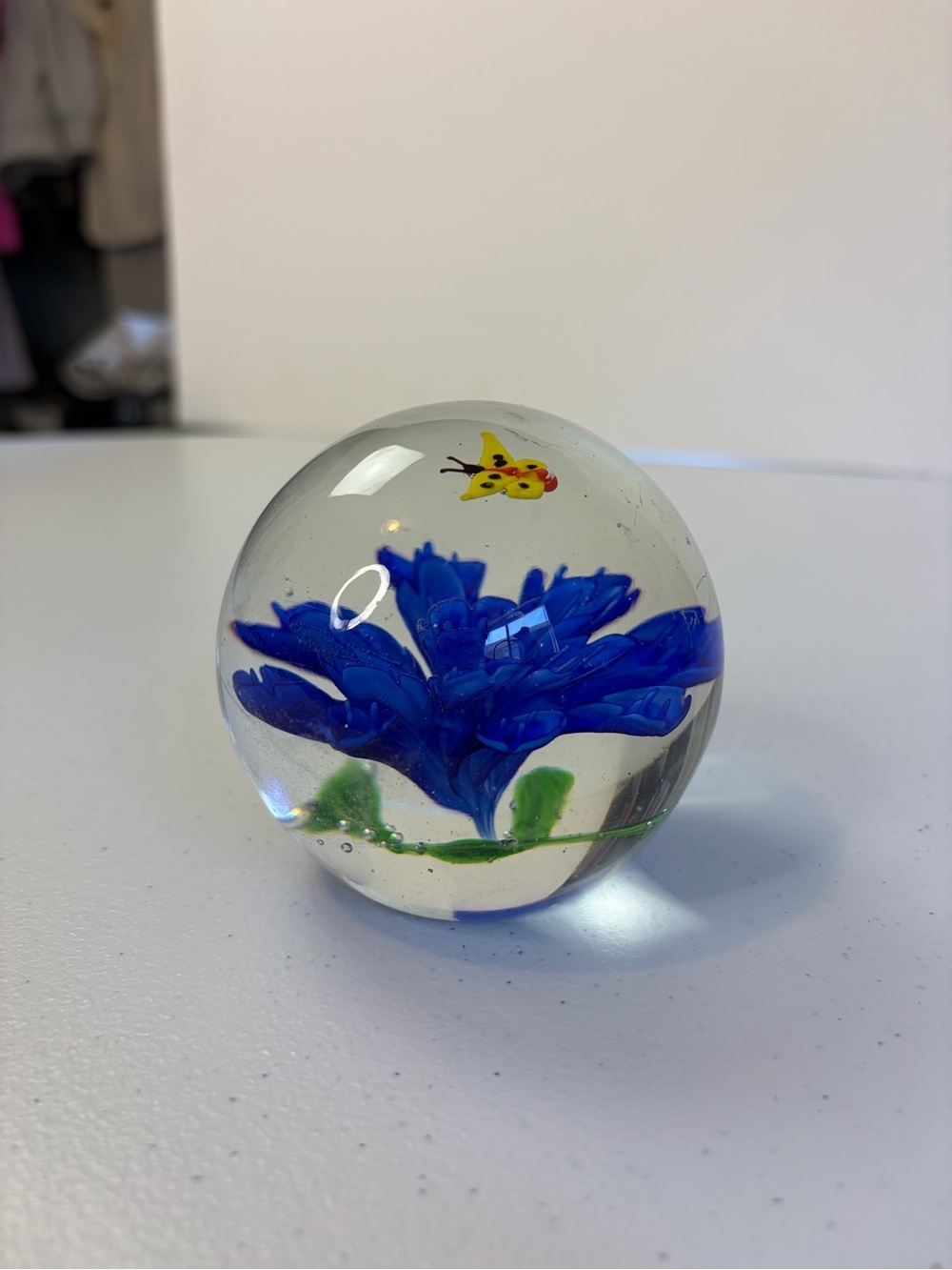 Art Glass Paperweight Blue Flower Butterfly Controlled Bubble Orb Sphere Decor - Picture 4 of 7